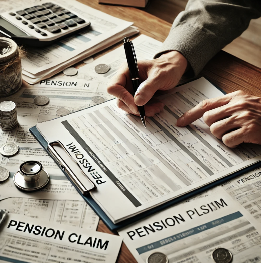 집에서 연금 청구 서류를 작성하는 모습