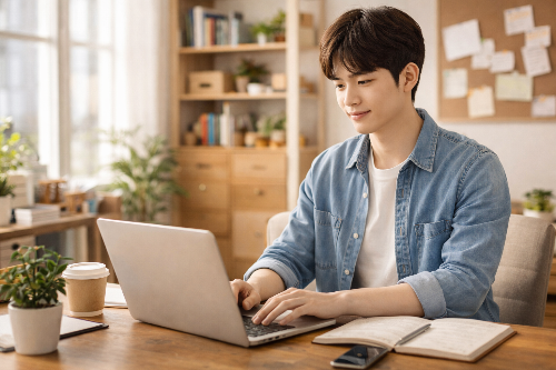 노트북을 켜고 열심히 일하는 청년