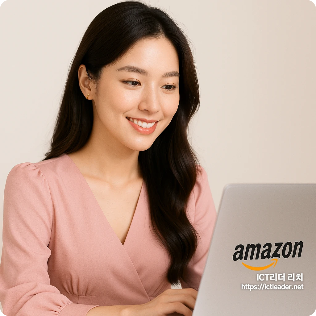 깔끔하고 여성스러운 옷차림의 밝은 분위기의 20대 여성이 아마존 상품을 바라보는 모습, 텍스트 없는 대표 이미지