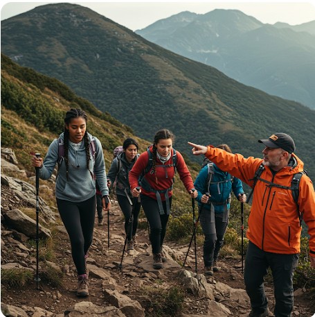 가이드를 따라 등산하는 사람들
