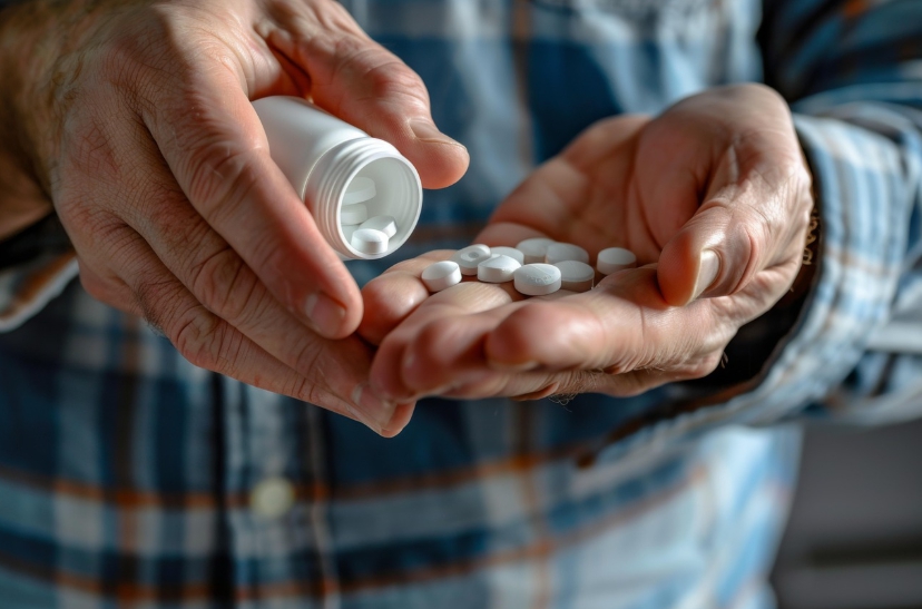 환자가 손에 약을 덜어먹는 모습