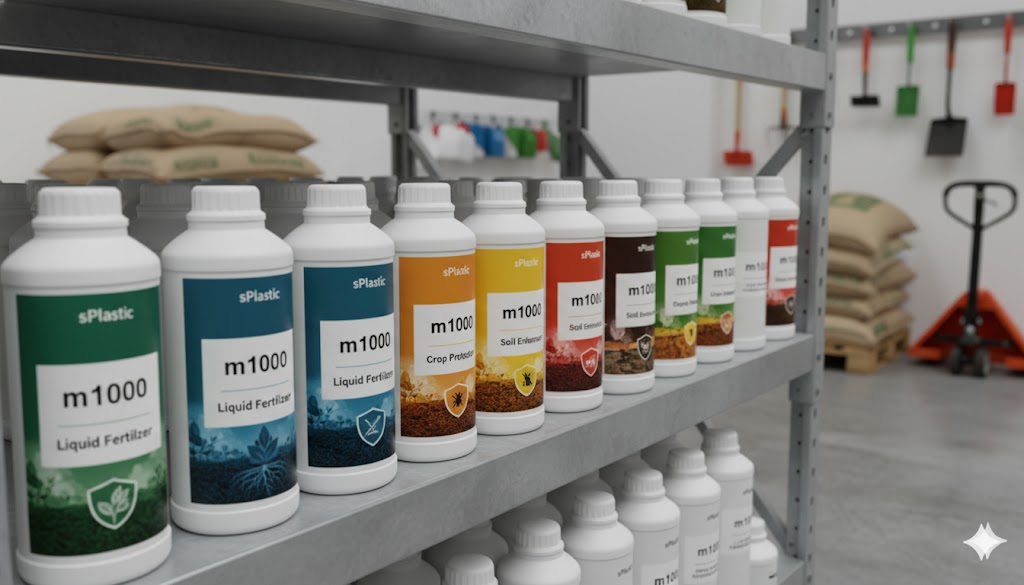깔끔하게 정돈된 농자재 보관 창고 선반에 다양한 라벨이 붙은 M1000 HDPE 용기들이 진열되어 있습니다. M1000의 범용성과 체계적인 재고 관리가 가능함을 강조합니다. (M1000 용기가 'Liquid Fertilizer', 'Crop Protector' 등 다양한 라벨로 활용되는 모습을 통해 제품의 폭넓은 적용 가능성을 보여줍니다.