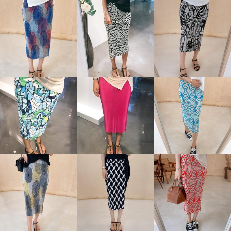 플리츠 스커트 스판 밴딩 비비드 나염 라인 여름 h라인 롱 플리츠 밴딩 스커트