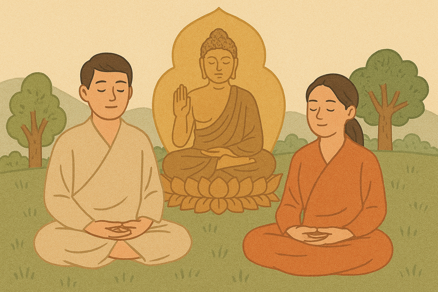 명상하는 두 인물과 부처님