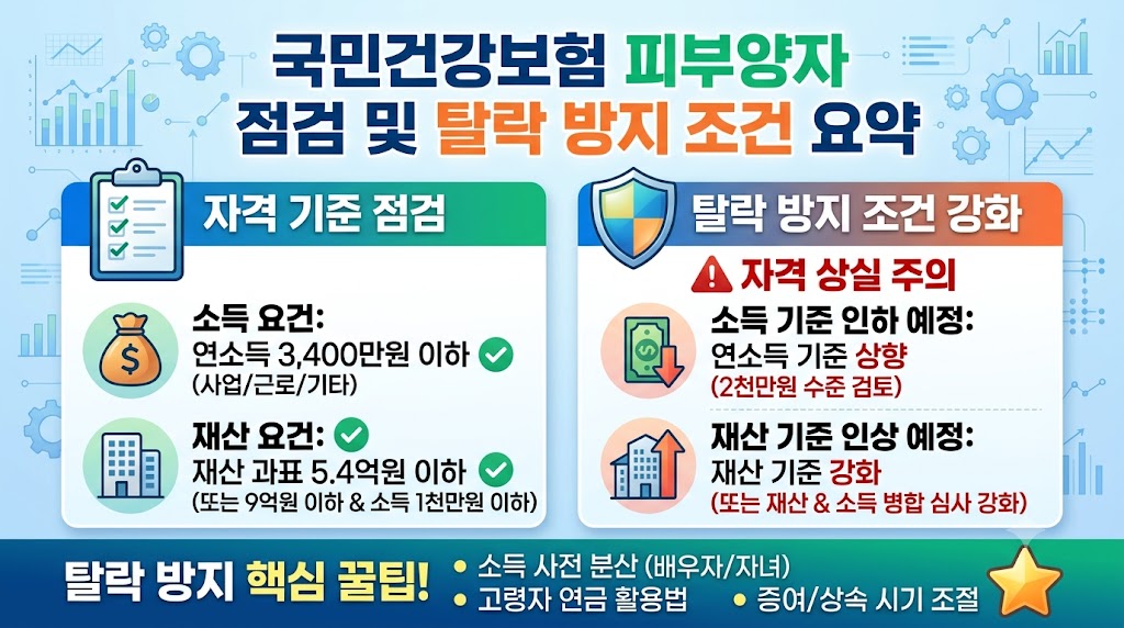 국민건강보험 피부양자 점검 및 탈락 방지 조건을 요약한 인포그래픽 형태의 썸네일 이미지. 상단에는 파란색과 주황색 텍스트로 타이틀이 적혀 있고, 좌측에는 '자격 기준 점검' 항목으로 연소득 3,400만 원 이하, 재산 과표 5.4억 원 이하 등 현행 기준이 돈자루와 건물 아이콘과 함께 체크리스트로 표시되어 있습니다. 우측에는 '탈락 방지 조건 강화' 항목으로 소득 및 재산 기준 인하/인상 예정에 대한 주의사항이 방패 및 경고 아이콘과 함께 정리되어 있습니다. 하단 초록색 바에는 소득 사전 분산, 고령자 연금 활용법 등의 탈락 방지 핵심 꿀팁이 별 모양 아이콘과 함께 나열되어 있습니다.