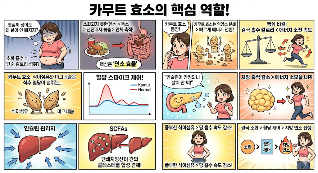 카무트 효소의 소화과정 보조와 이로인한 긍정적 효과인 혈당, 콜레스테롤 안정 효과를 그린 만화