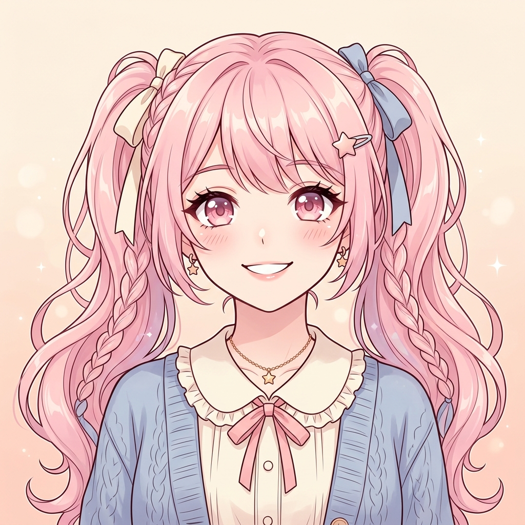 AI 이미지 프롬프트 예시로 생성한 애니 스타일 캐릭터 아바타 이미지, 핑크 머리 양갈래와 부드러운 파스텔 색감의 일러스트