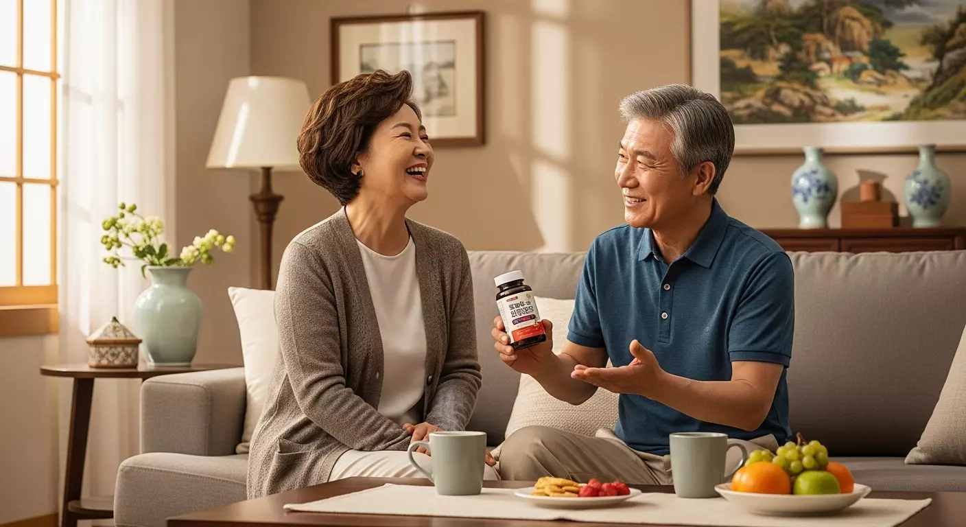 부모님이 건강 보조식품을 들고 대화하는 장면