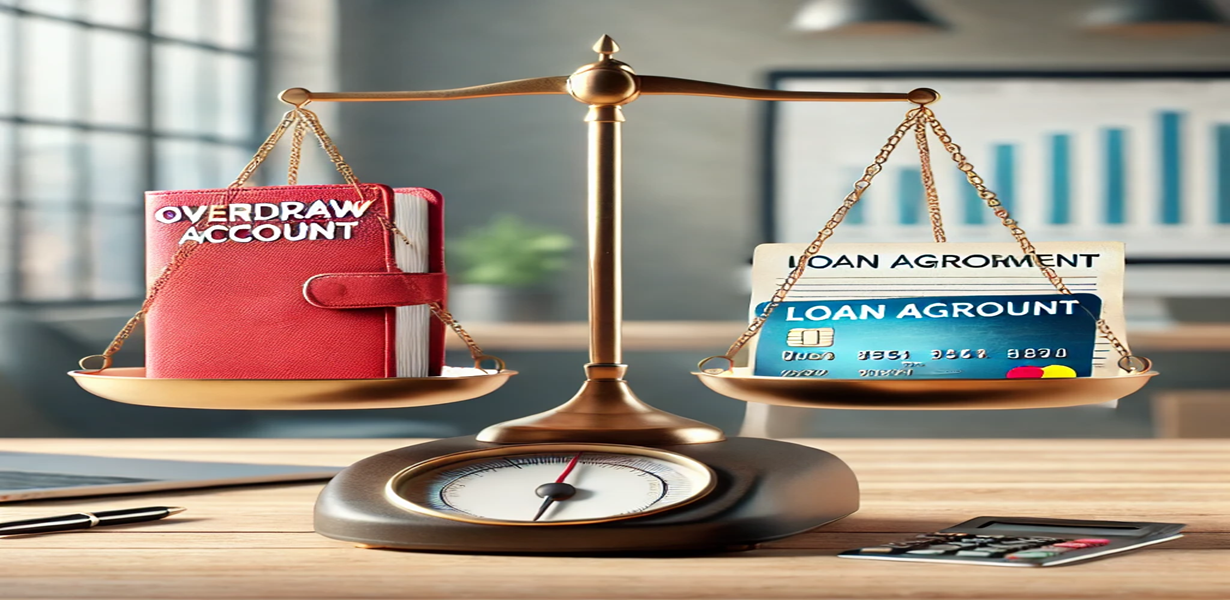 마이너스 통장과 대출 상품을 저울에 비교하고 있는 장면