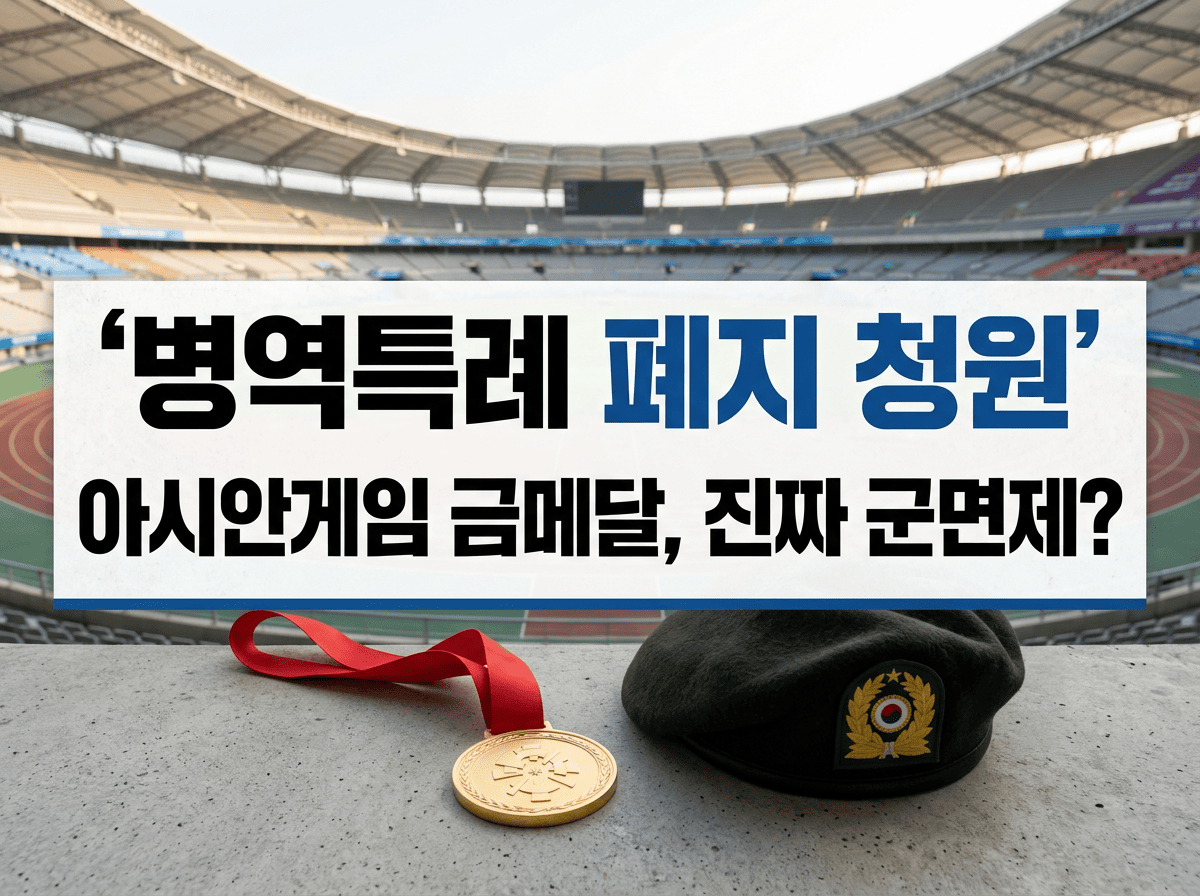 금메달과 군모를 배경으로 병역특례 폐지 청원과 아시안게임 군면제 기준을 표시한 이미지