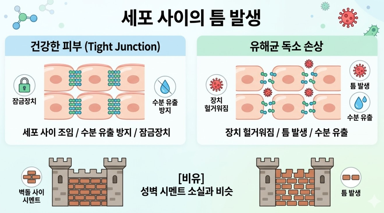 세포 사이 결합 약화와 유해균 독소로 인한 피부 장벽 틈 발생 설명 인포그래픽