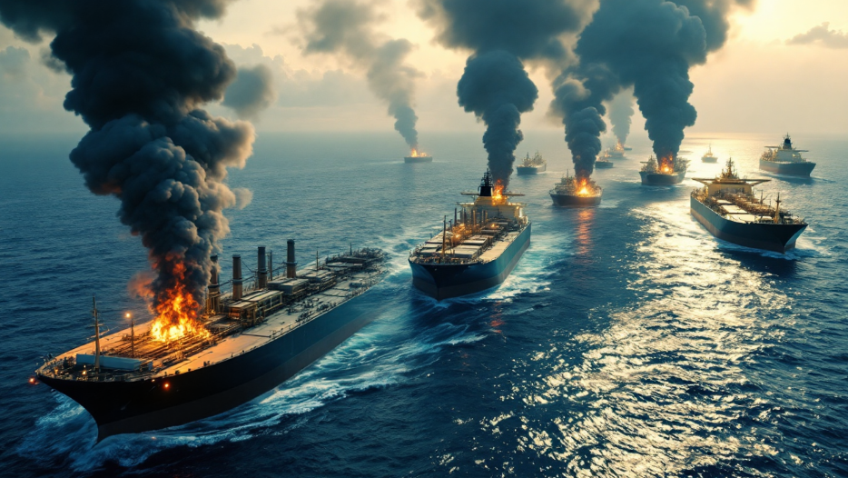 호르무즈 해협의 선박 봉쇄와 세계 원유 수송 20% 감소를 보여주는 이미지