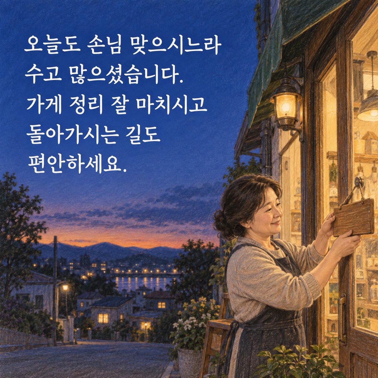 직장인 저녁 인사 이미지 20 — 오늘도 손님 맞으시느라 수고 많으셨습니다. 가게 정리 잘 마치시고 돌아가시는 길도 편안하세요.