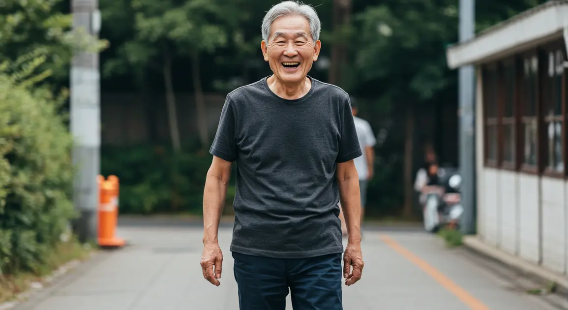 기초수급 노인이 밝게 웃으며 길을 가고있다