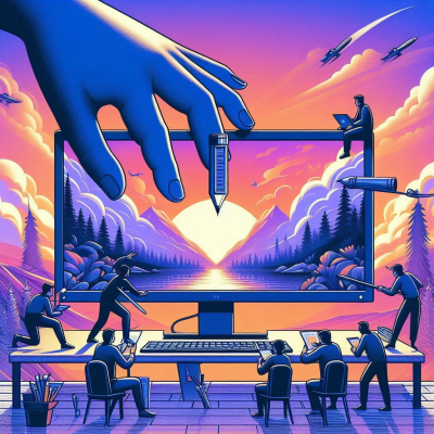 큰 손이 컴퓨터 화면을 조작하며 창의적인 디지털 작품을 만드는 일러스트.