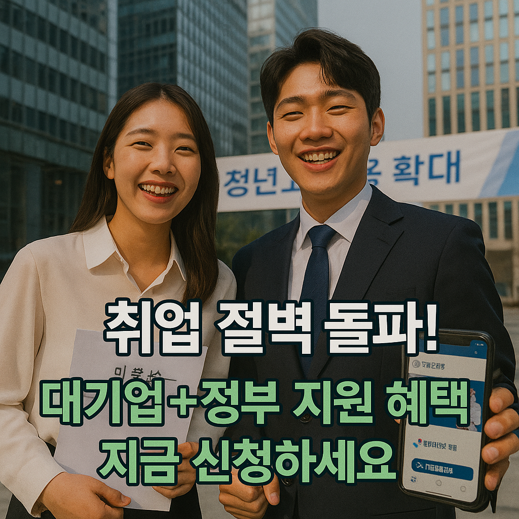 대기업 앞에서 이력서를 들고 웃는 청년 구직자들