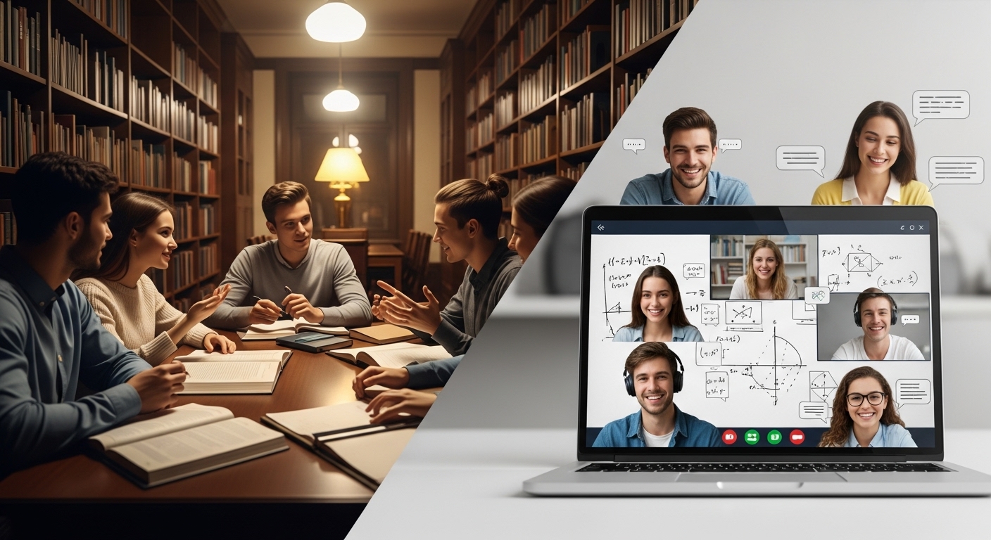 오프라인 스터디 그룹과 온라인 화상 스터디 그룹의 모습을 반으로 나누어 비교하는 이미지.