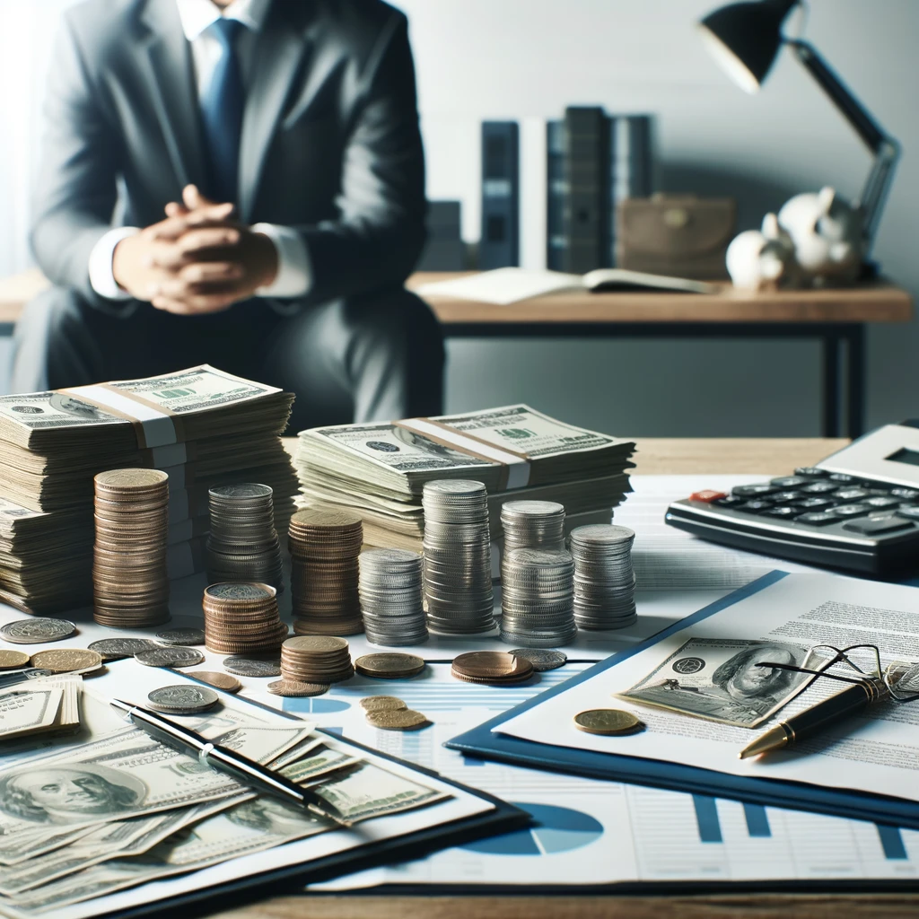 테이블 위에 현금, 동전, 금융 서류가 놓여 있는 모습.