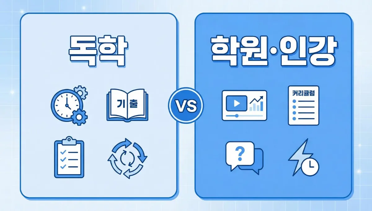 컴활 독학과 학원&middot;인강 중 어떤 방식이 맞는지 비교한 체크리스트 일러스트