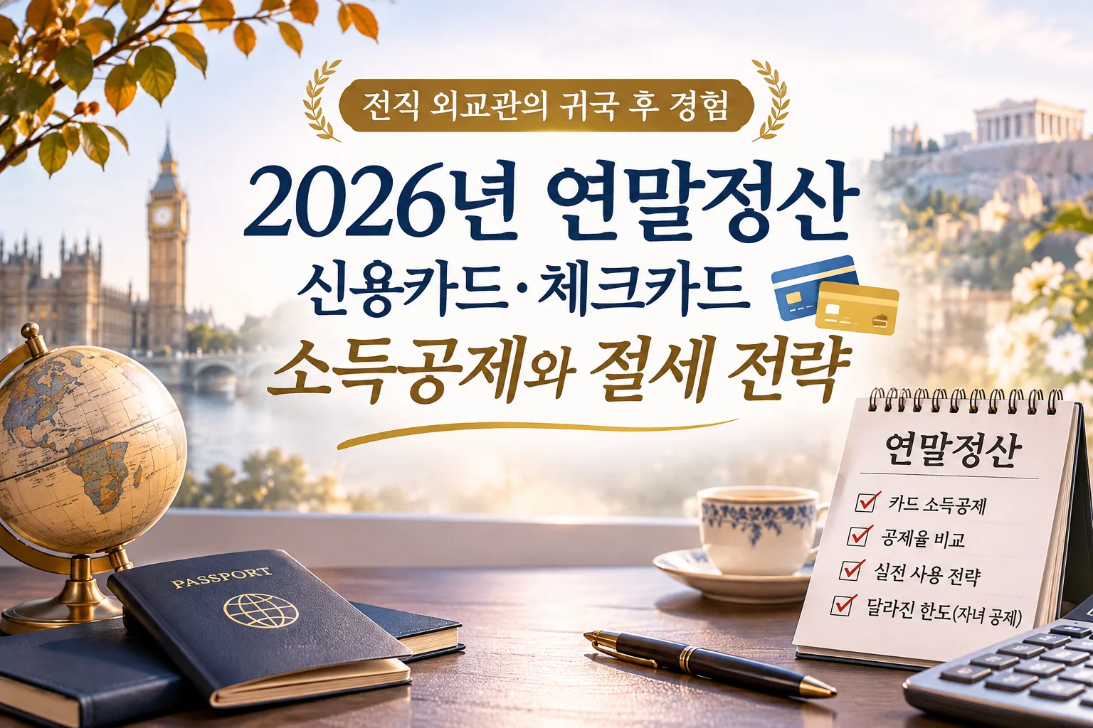 2026년 연말정산 신용카드&middot;체크카드 소득공제와 절세 전략을 소개하는 썸네일. 영국 런던과 그리스 아테네의 풍경을 배경으로 여권, 지구본, 신용카드, 연말정산 체크리스트가 배치된 이미지.