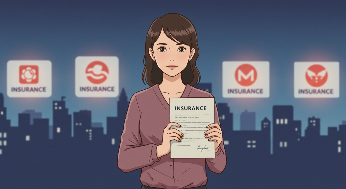 보험 설계서를 들고 있는 여성과 5개 보험사를 배경으로 한 일러스트