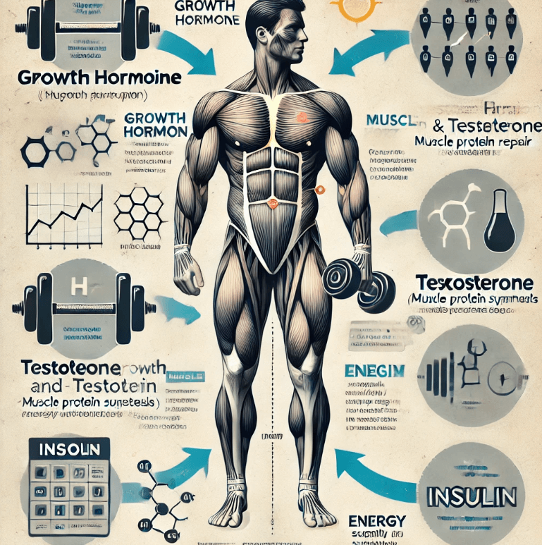 근육과 성장 호르몬 , 테스토스테론 , 인슐린과 같은 호르몬 간의 연결을 강조하는 교육적 그림