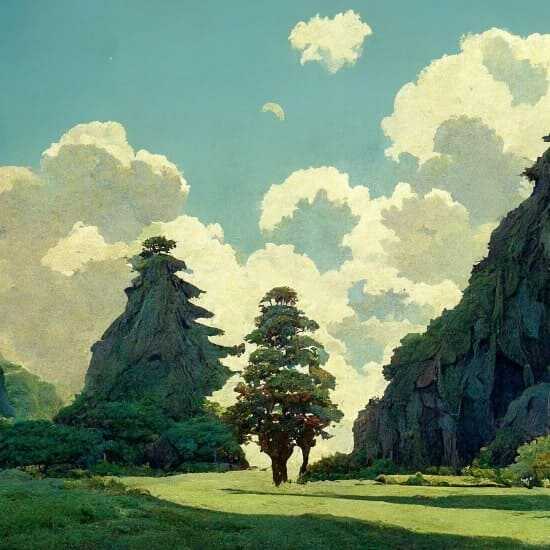 지브리 스타일의 넓은 들판 중앙에 서있는 나무와 양 측면에 보이는 암산과 구름 이미지