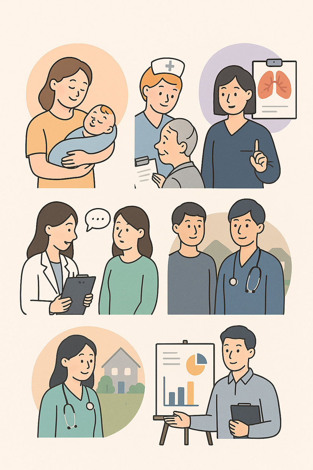 다양한 간호 세부 분야(모성, 아동, 성인, 정신 등)를 상징하는 이미지 모음