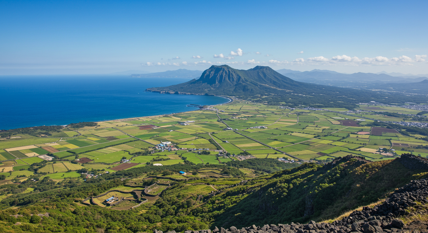 제주 오름 정상에서 바다, 들판, 한라산이 한눈에 보이는 압도적인 파노라마 풍경.