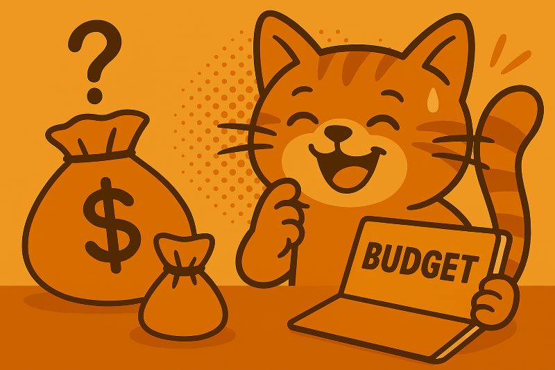 "돈 관리에 혼란 스러워 하다 가계부를 쓰며 미소 짓는 귀여운 고양이 캐릭터"(AI생성)