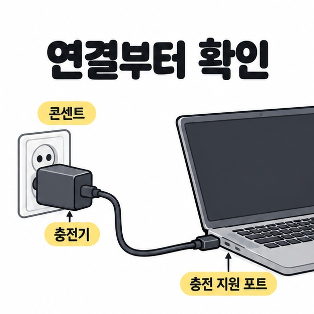 콘센트에 꽂힌 충전기에서 나온 케이블이 노트북의 충전 지원 포트에 직접 연결된 모습이다.