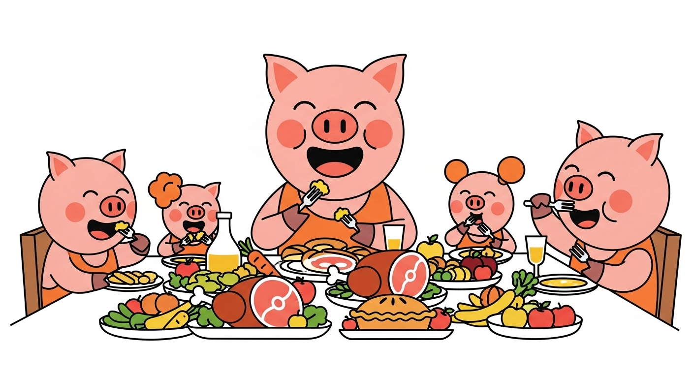 가족들과 함께 맛있는 음식이 가득한 식탁에 둘러앉아 행복하게 웃는 돼지 캐릭터 일러스트