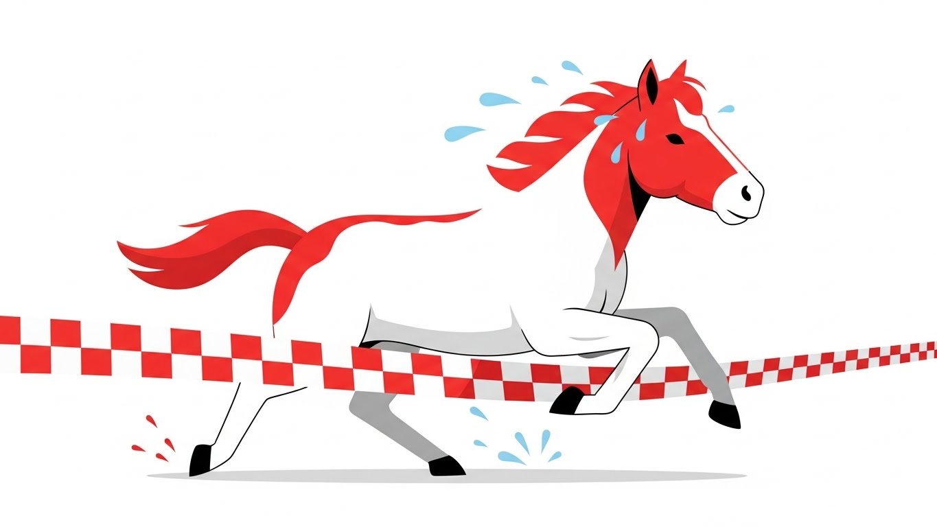 결승전 테이프를 끊으며 전력 질주하는 에너지 넘치는 말 캐릭터 일러스트