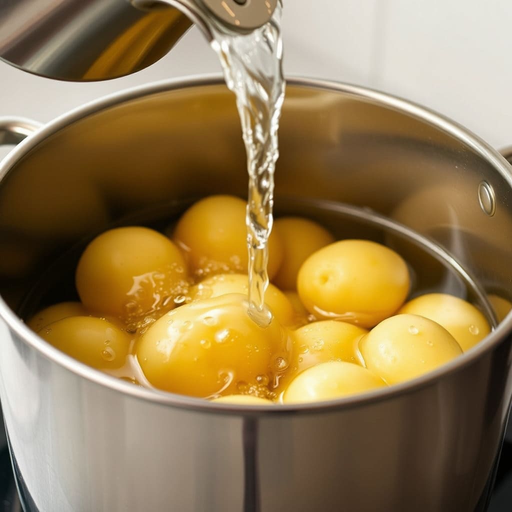 냄비에 담긴 감자 위로 물을 붓는 주전자나 수도꼭지의 모습입니다. 감자가 완전히 잠기고, 그보다 1~2cm 정도 더 올라오도록 물을 붓는 장면을 연출합니다.