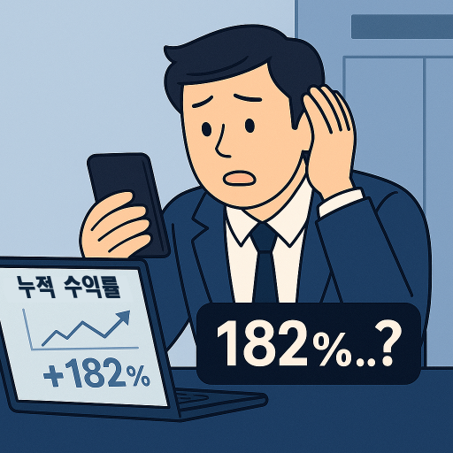 사무실 책상 앞에서 민수의 노트북 화면을 보고 놀란 김대리. 눈을 크게 뜨고 충격을 받은 표정으로 화면을 바라보며, 흐릿하게 "+182.7%" 수익률 그래프가 보이는 플랫 스타일 일러스트. 보조 문구로 "182%...?"가 삽입되어 있다.