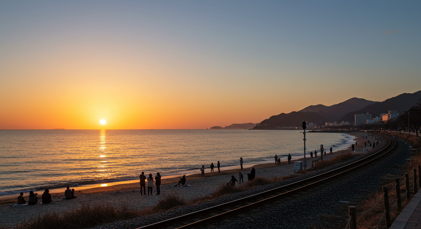 강원도 정동진 해변에서 새해 첫 일출을 감상하는 사람들