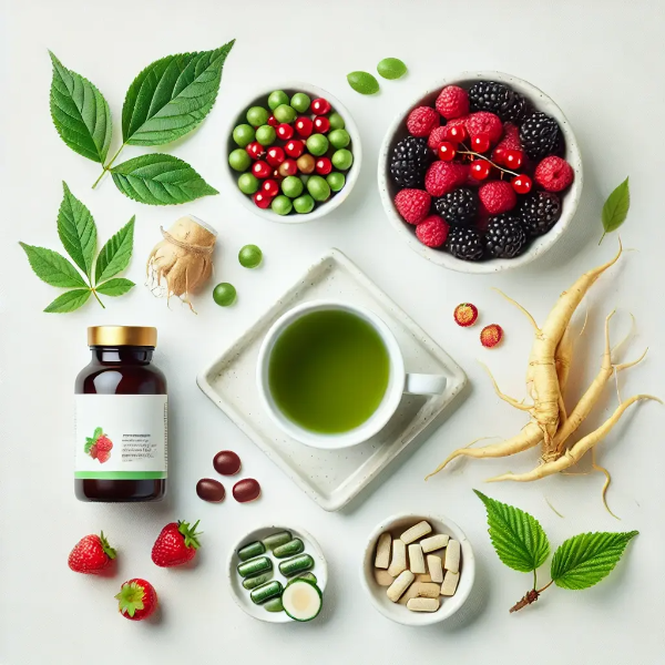 녹차, 베리, 인삼 뿌리, 허브 보충제가 하얀 배경 위에 놓인 스튜디오컷