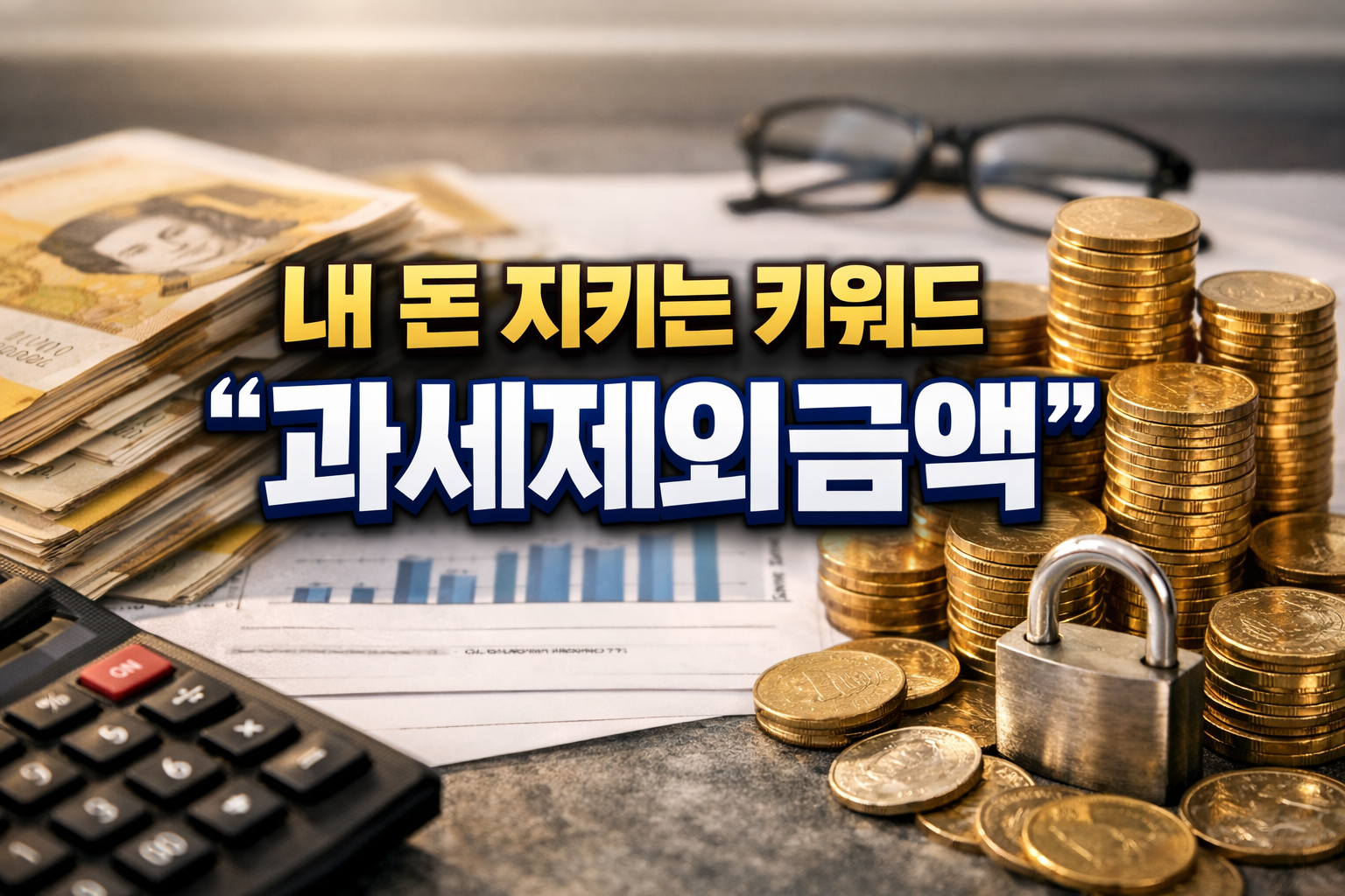 연금저축 인출 전 과세제외금액을 강조한 썸네일, 지폐 더미와 동전·자물쇠 이미지