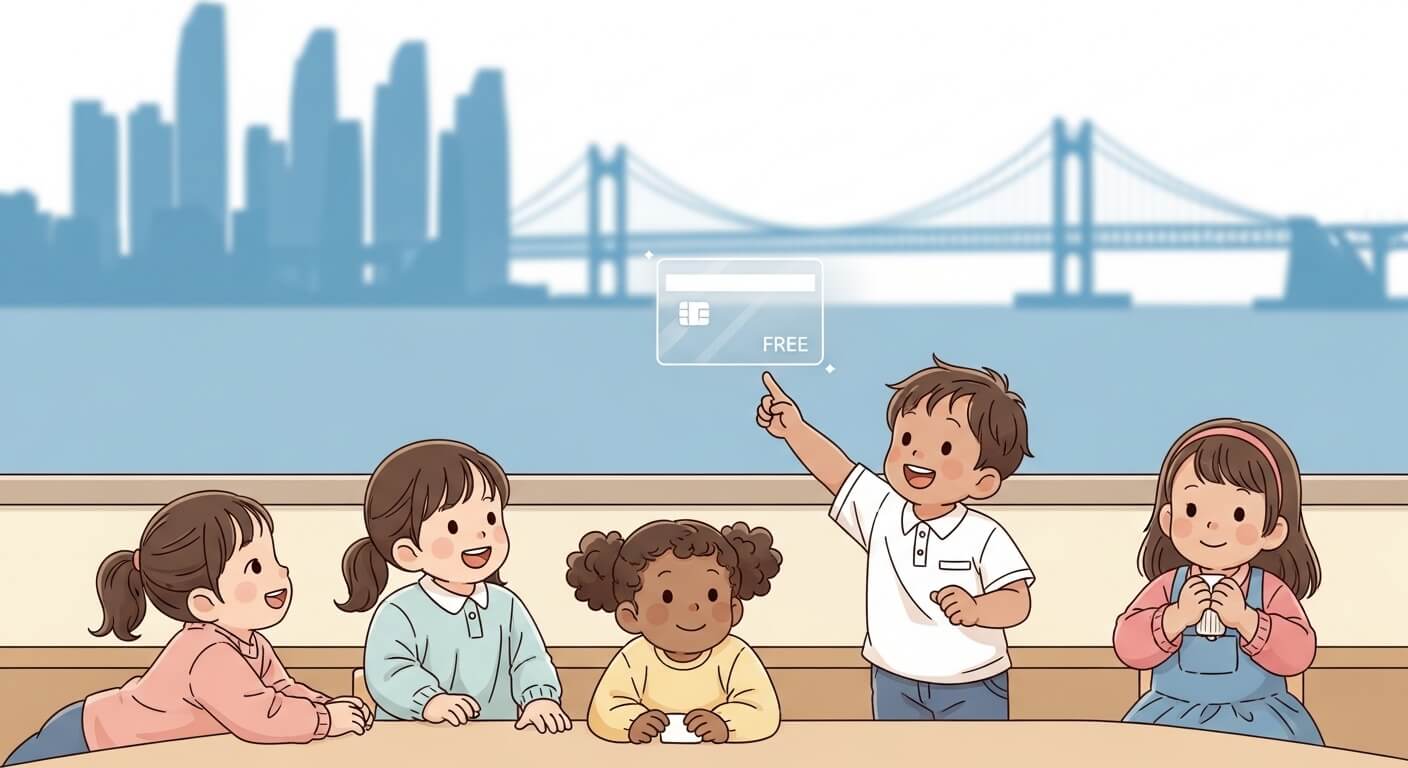 아리들이 탁자에 앉아놀고 있고 뒤에는 광안대교의 시루엣이 보인다