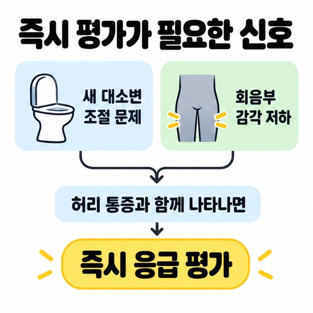 새 대소변 조절 문제와 회음부 감각 저하를 각각 표시하고 허리 통증과 함께 나타나면 즉시 응급 평가로 이어지도록 연결한 도식