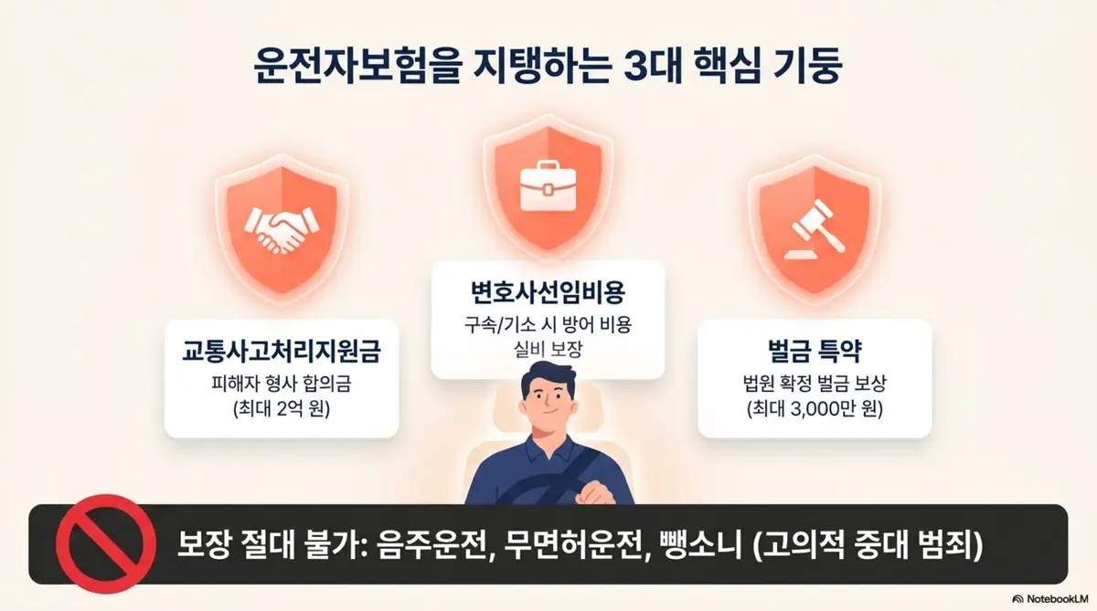 자동차보험 운전자보험 차이: 운전자보험의 3대 핵심 보장인 교통사고처리지원금 최대 2억 원과 변호사선임비용 실비 보장 및 벌금 특약 최대 3000만 원을 방패 아이콘과 함께 정리한 인포그래픽 이미지. 하단에 음주운전 무면허운전 뺑소니는 보장 절대 불가라는 주의사항도 포함하여 운전자보험 특약 구성을 설명함