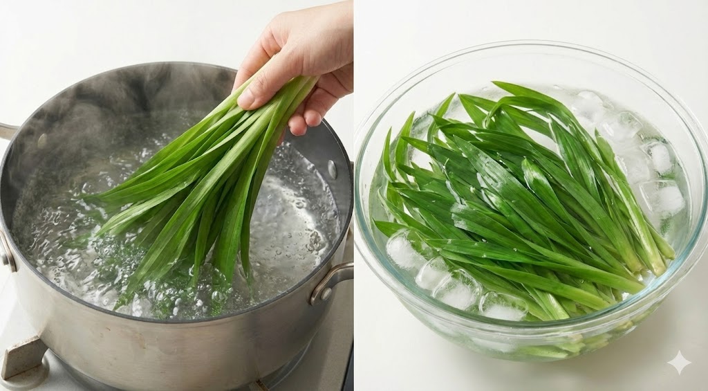 구토와 복통을 유발하는 콜히친 독성을 완벽하게 제거하여 안전한 섭취를 돕고 조직을 연하게 만들어 소화 흡수를 높이는 원추리 데치기 / 데친 후 남아있는 잔여 독성까지 완벽하게 우려내어 배앓이 걱정 없이 마음 편히 즐길 수 있도록 돕는 원추리 찬물 우리기