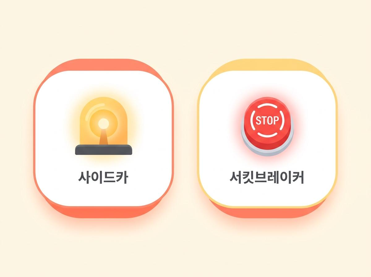 노란색 경고등과 빨간색 정지 버튼으로 비교한 시장 안정화 제도 인포그래픽