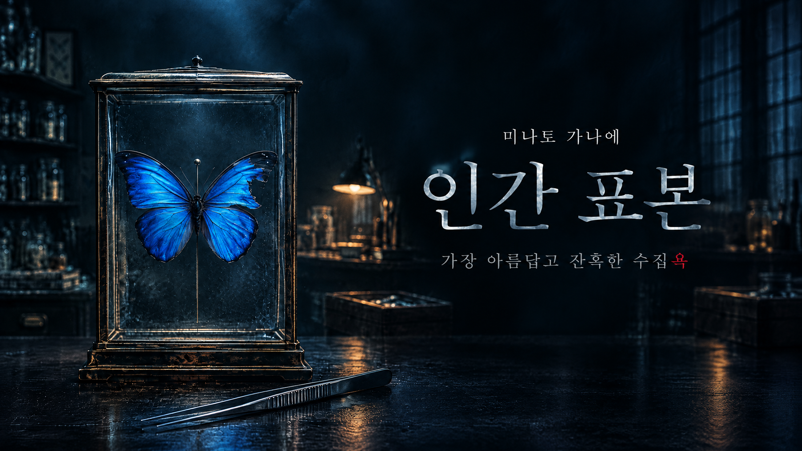 어두운 표본 작업실에서 푸른 나비가 유리 상자에 고정되어 있고, 옆에 미나토 가나에 인간 표본이라는 제목이 적힌 가로형 이미지