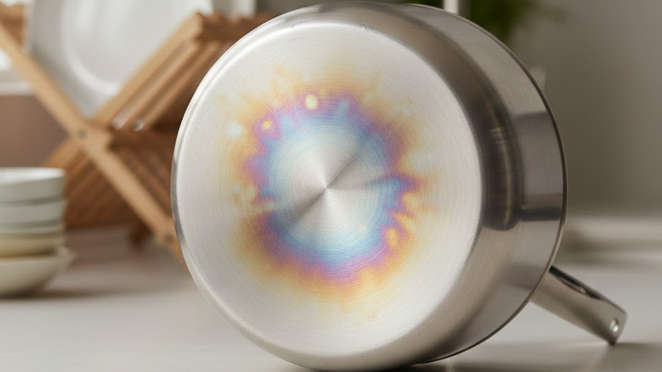 무지개 얼룩이 핀 스테인레스 냄비