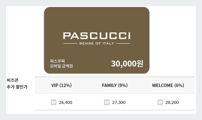 파스쿠찌 기프티콘 3만원권 및 할인율