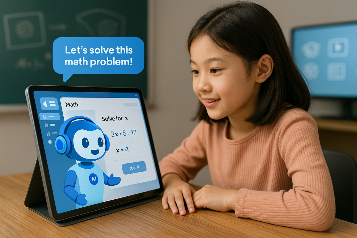 초등학생 아이가 태블릿 속 AI 튜터와 함께 수학 문제를 푸는 모습. 친근한 로봇 캐릭터가 'Let's solve this math problem!'이라는 문구와 함께 개념을 설명하고 있으며, 아이는 집중한 표정으로 화면을 응시하고 있다. AI 기반 학습의 미래를 보여주는 장면