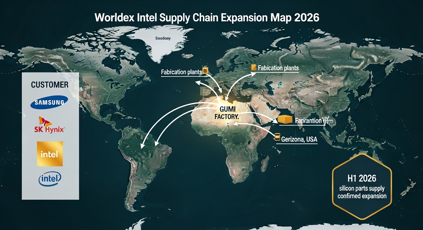 Worldex Intel supply chain expansion map 2026. World map dark teal. Korea Gumi factory glowing dot. Arrow to Intel fab US Arizona and Germany. Ship container supply chain line. Badge H1 2026 silicon parts supply confirmed expansion. Side panel three customer logos Samsung SK Hynix Intel. New customer Intel highlighted gold. English only.