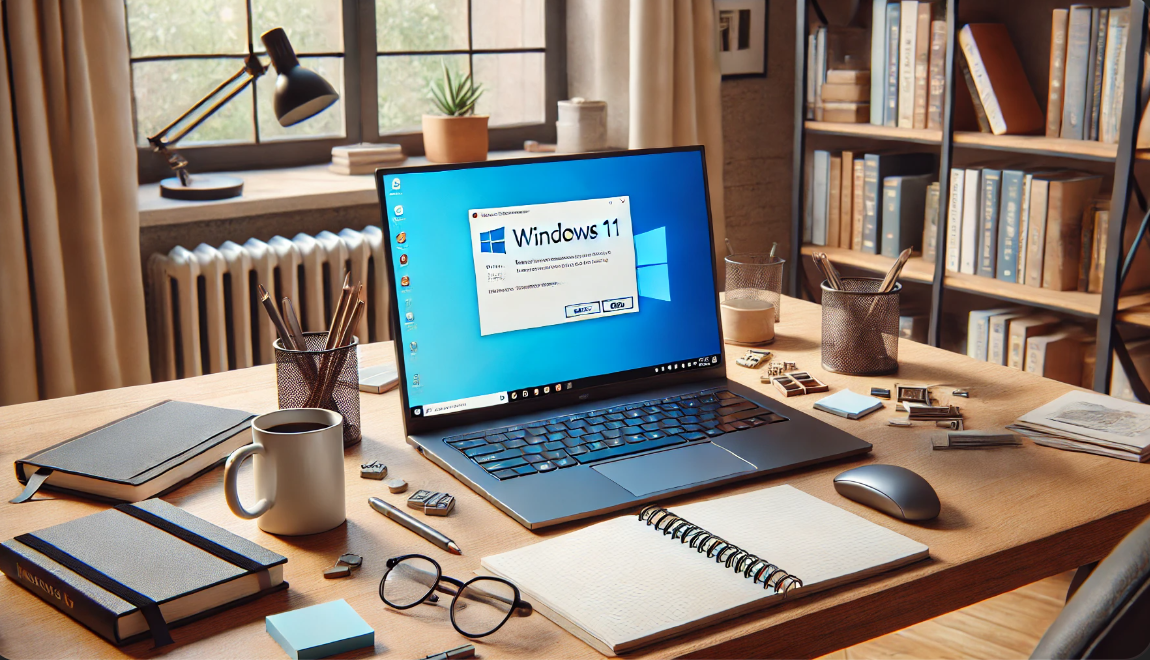 현대적인 사무실 책상 위에 노트북이 놓여 있으며, 화면에 Windows 11 오류 메시지가 표시되어 있습니다. 주변에는 노트와 커피 머그컵이 보입니다.