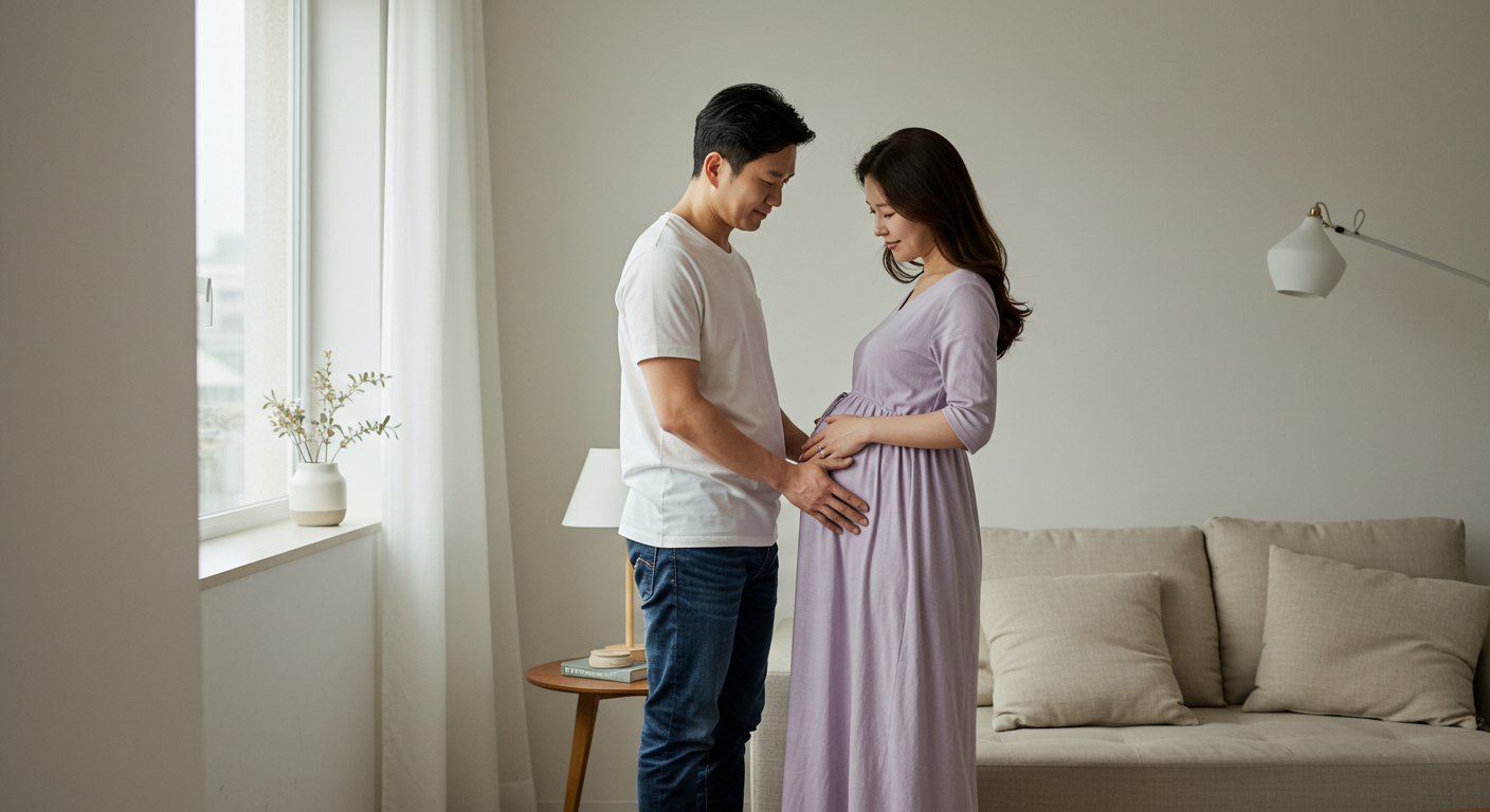 30대 한국인 임산부와 배를 만지고 있는 남편